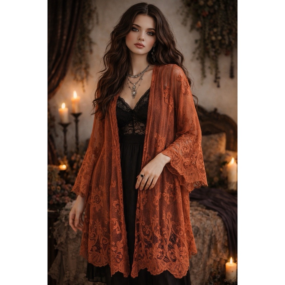 Paper +Tee Women's Orange Lace Flare‎ Sleeve Whimsigoth Layering Over Shirt Med